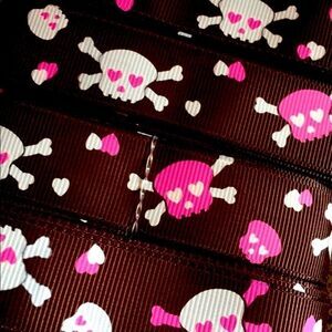 grosgrain Ribbon 7/8” NEW 5 yards skulls brown heart eyes Jolly Roger bones